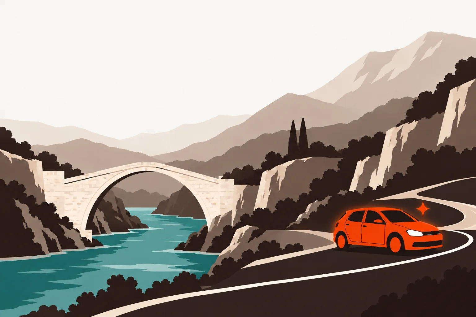 Ilustracija: narandžasto auto vozi uz Neretvu pored Starog mosta
